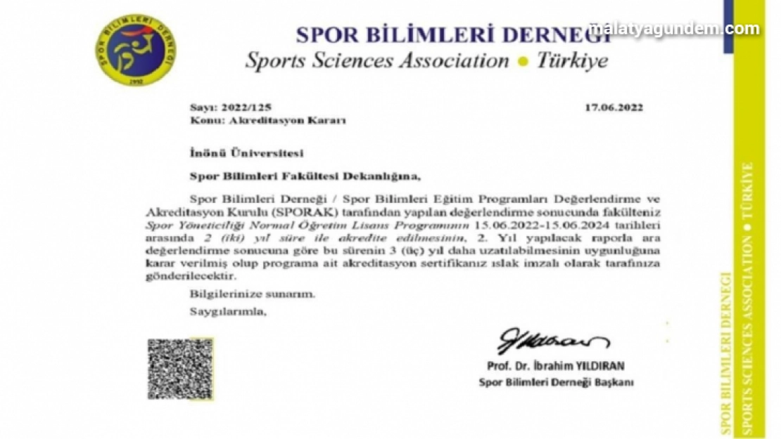 İnönü üniversitesi Spor Yöneticiliği bölümü akredite edildi