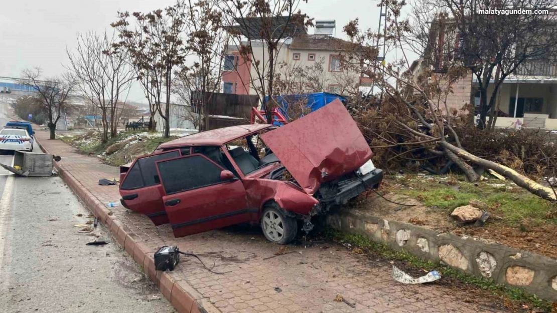 Kontrolden çıkan araç kaldırıma çıkıp ağacı yerinden söktü