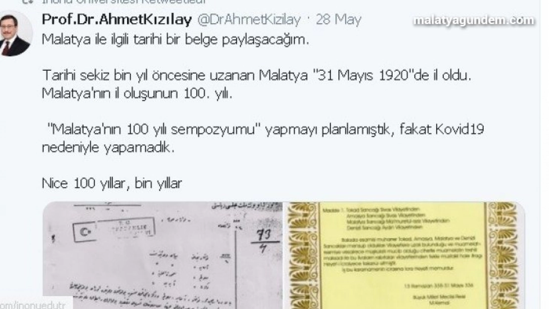 Malatya'nın il oluşunun 100. Yılı kutlamalarına korona engeli