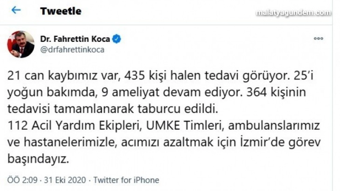 Sağlık Bakanı Koca: '21 can kaybımız var, 435 kişi halen tedavi görüyor'