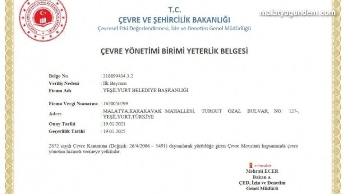 Yeşilyurt Belediyesi, çevre yönetim yeterlilik belgesini aldı