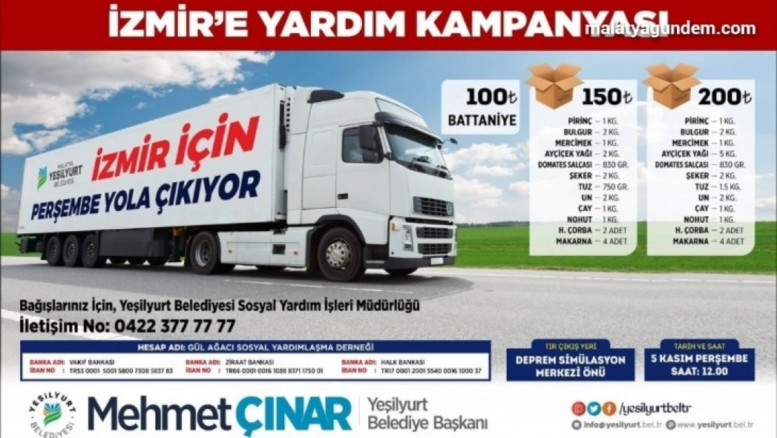 Yeşilyurt Belediyesi, İzmir'de ki depremzedeler için yardım kampanyası başlattı