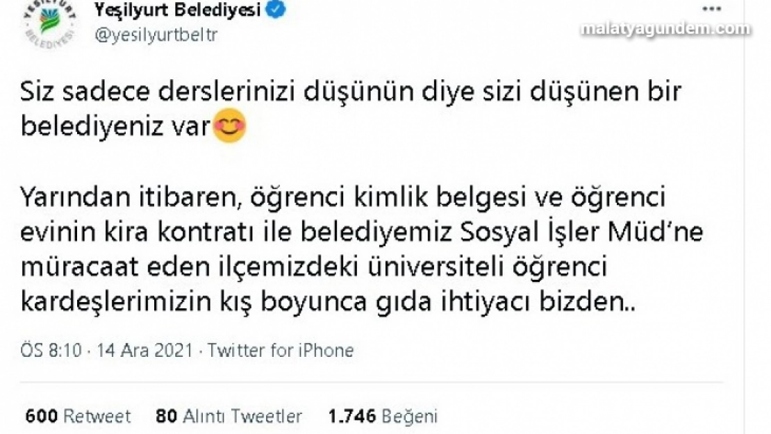 Yeşilyurt Belediyesinden üniversite öğrencilerine büyük jest