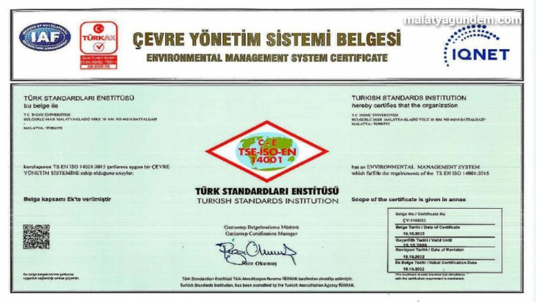 İnönü Üniversitesi'ne Çevre Yönetim Sistemi belgesi