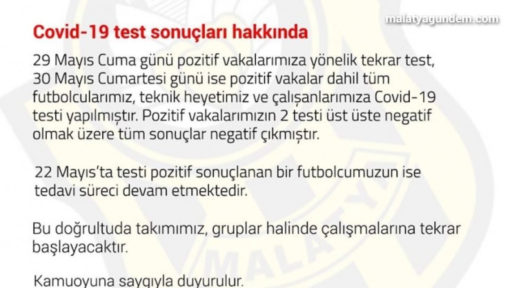 Yeni Malatyaspor'da yeni testler negatif çıktı