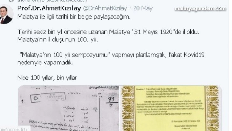 Malatya'nın il oluşunun 100. Yılı kutlamalarına korona engeli