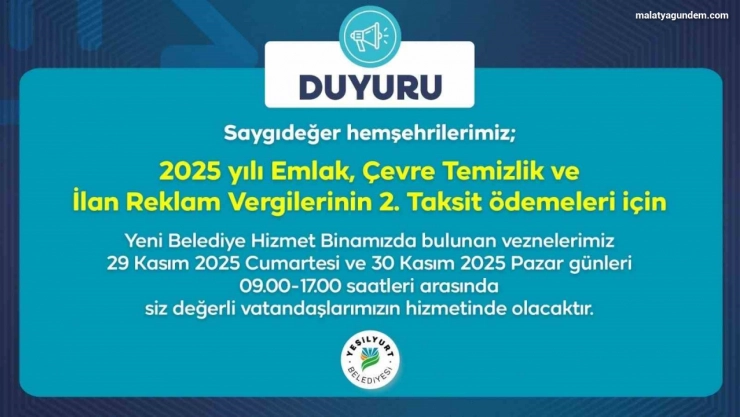 Yeşilyurt Belediye vezneleri, hafta sonu hizmet verecek